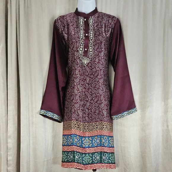 NWOT purple pink green blue red mix print jewel kurta tunic dress Womens Large - Picture 7 of 8